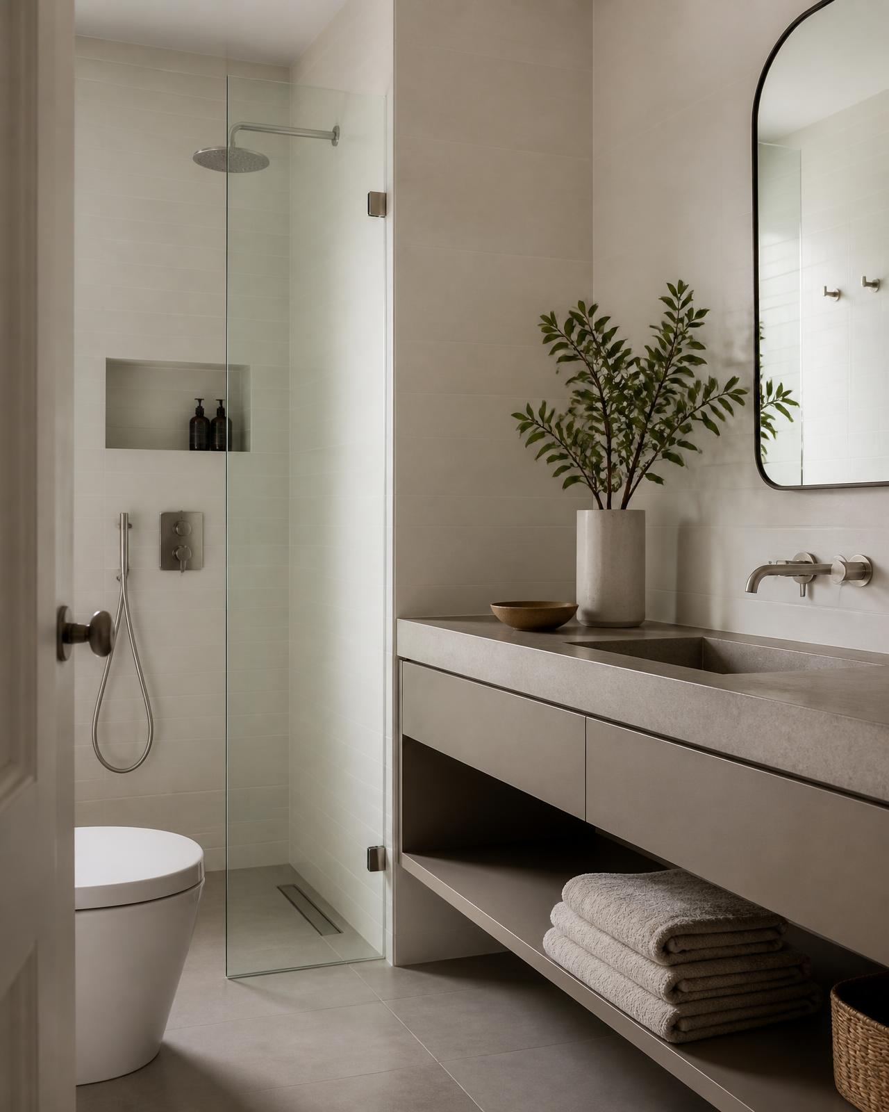 Private bathroom with a walk-in shower and folded towels