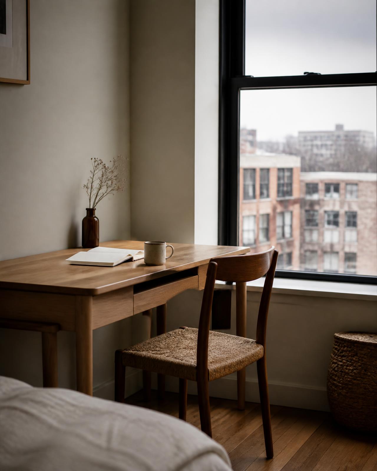 Desk and chair beside a window looking over North London rooftops