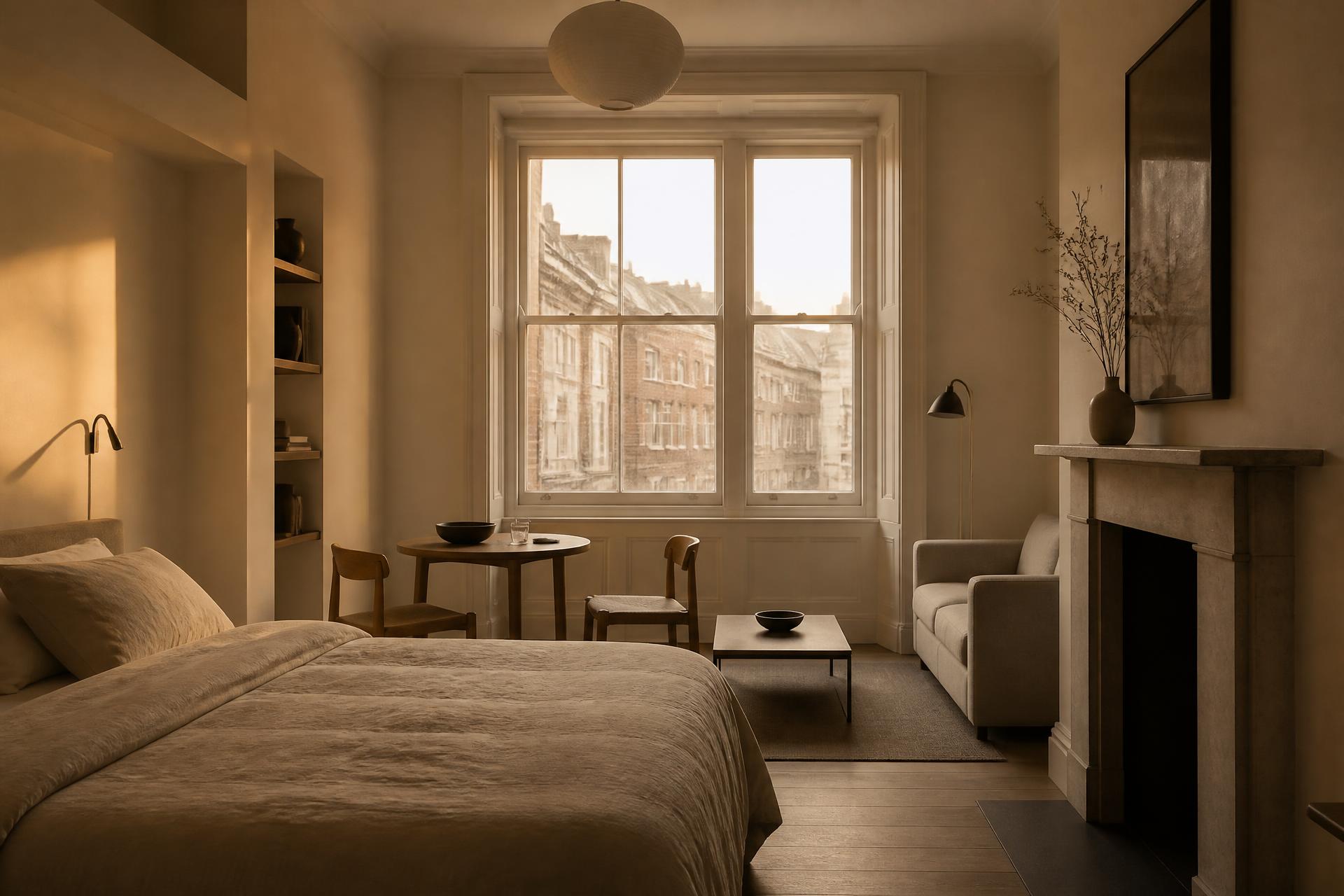 Sunlit self-contained studio at KW Studios with a bed, table and large window